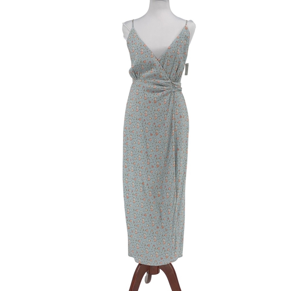 WAYF Blue Floral Faux Wrap Midi Dress XS Adjustable Straps V-Neck Sleeveless